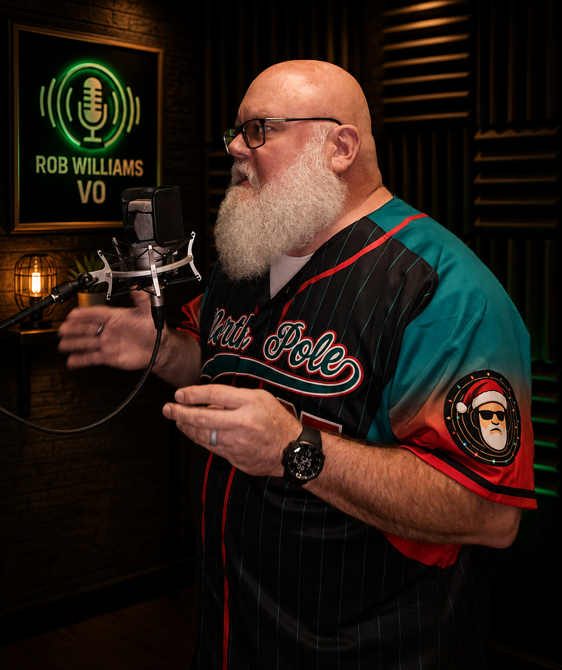 Rob Williams smiling at the microphone in his studio