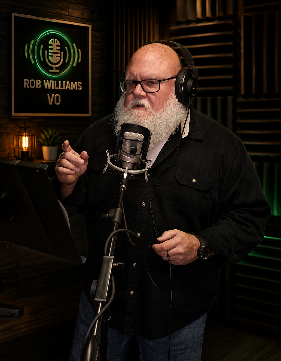 Rob Williams at the microphone in his treated home studio