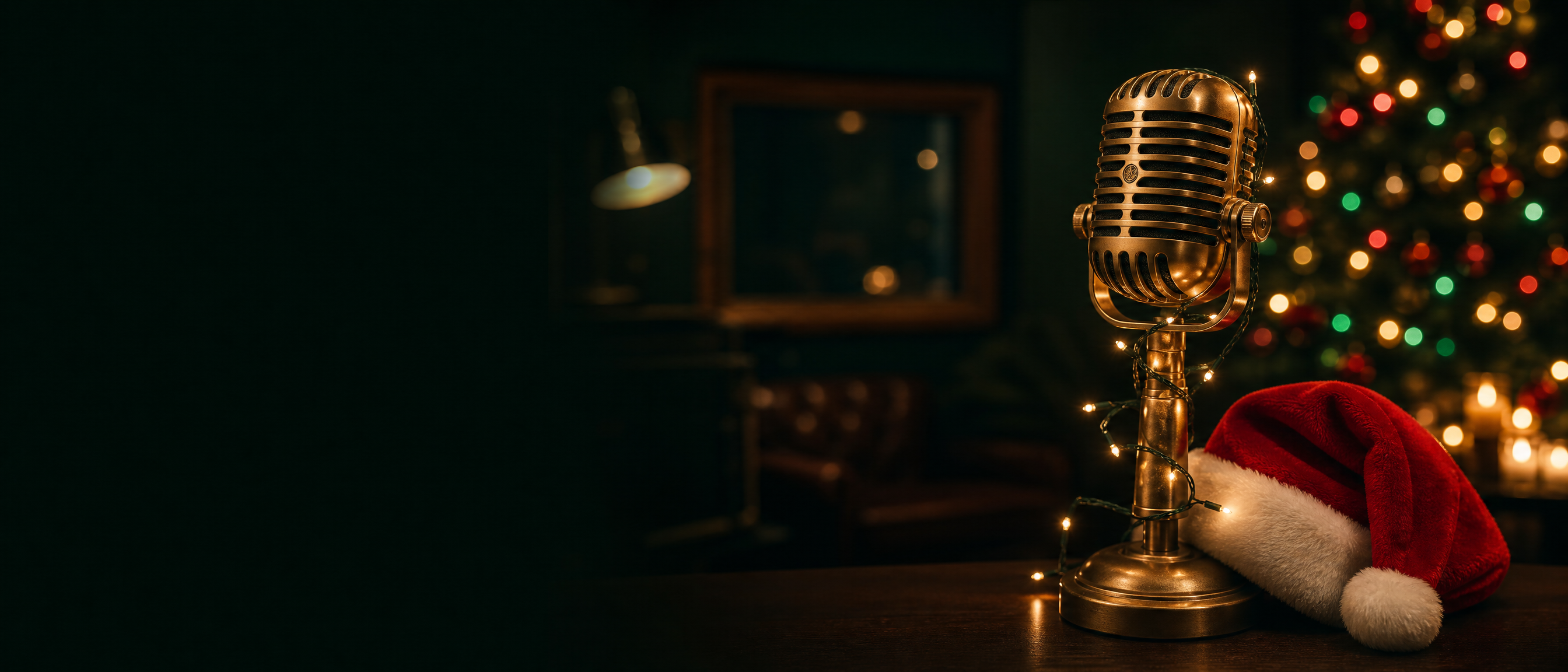 Vintage gold microphone with Santa hat and Christmas lights
